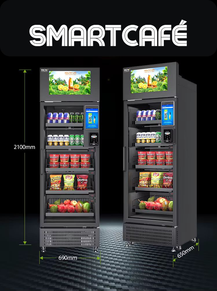 Mål på SmartCafe-automaten: 2100 mm høy, 690 mm bred, 650 mm dyp